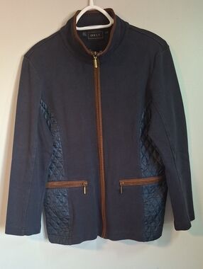 Orly Navy Quilted Jacket: Preppy Equestrian Style with Suede Trim, Size L